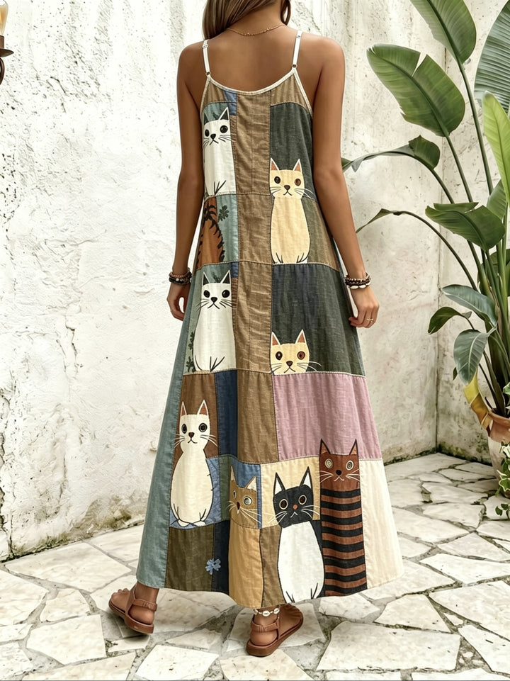 Wine Red Ethnic Style Patchwork Suspender Dress V-neck A- Line Bohemian Style Vacation Dress