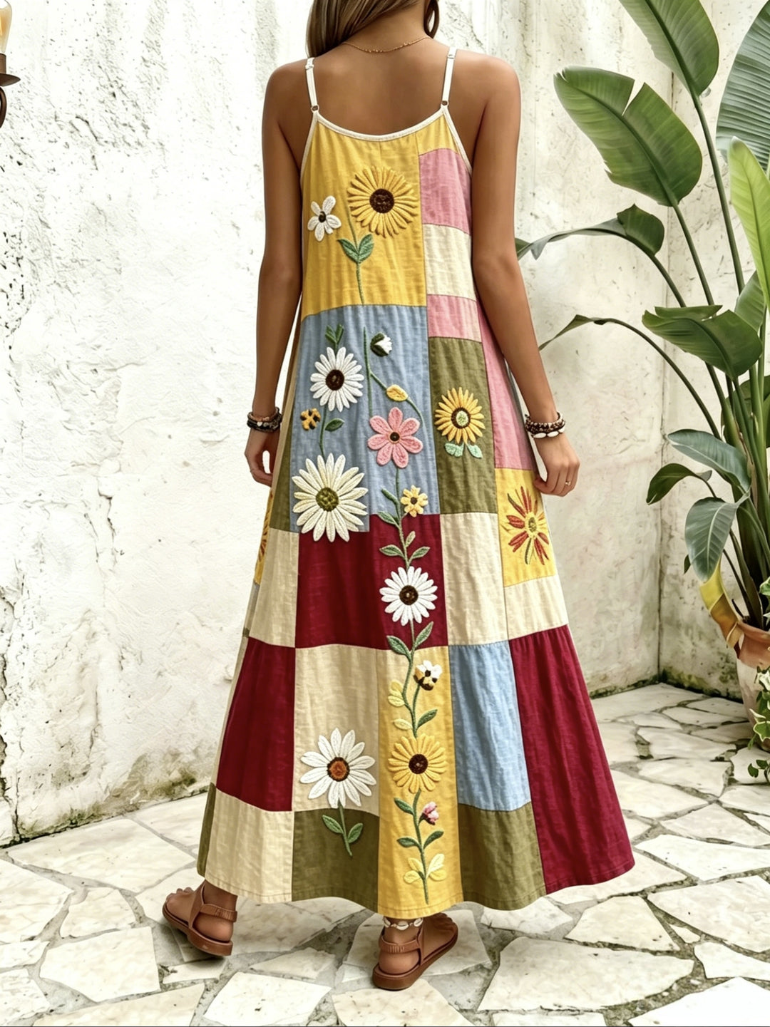 Wine Red Ethnic Style Patchwork Suspender Dress V-neck A- Line Bohemian Style Vacation Dress