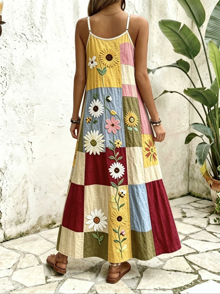 Wine Red Ethnic Style Patchwork Suspender Dress V-neck A- Line Bohemian Style Vacation Dress