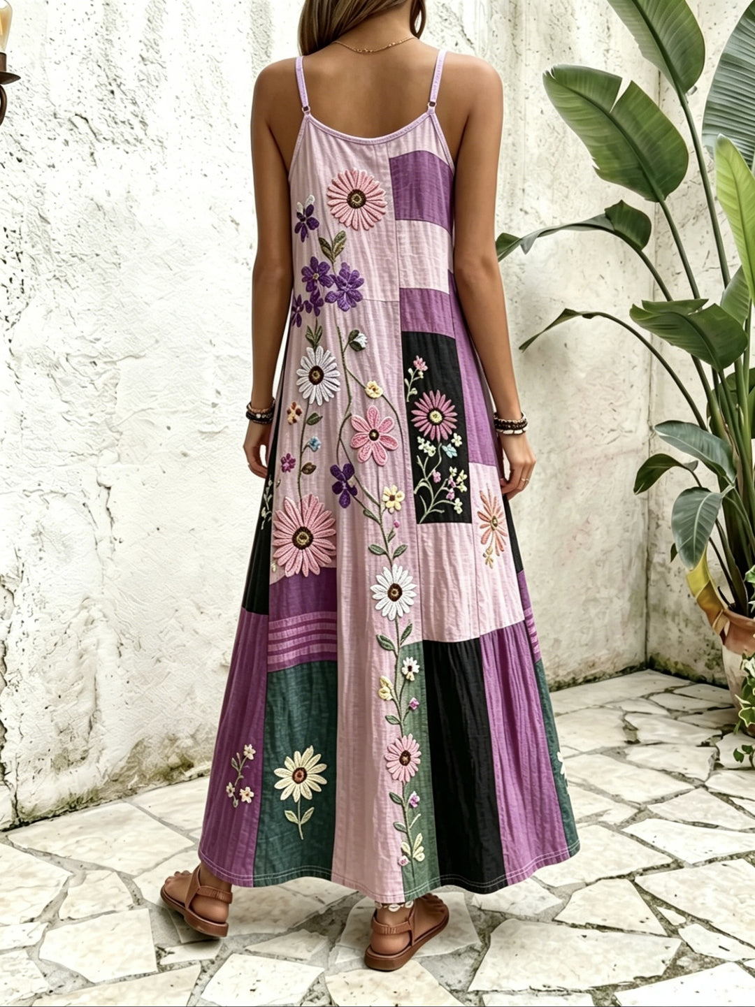 Wine Red Ethnic Style Patchwork Suspender Dress V-neck A- Line Bohemian Style Vacation Dress