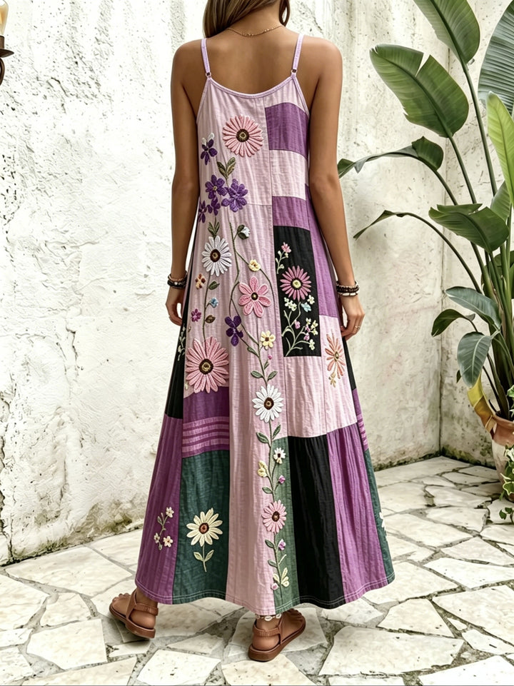 Wine Red Ethnic Style Patchwork Suspender Dress V-neck A- Line Bohemian Style Vacation Dress