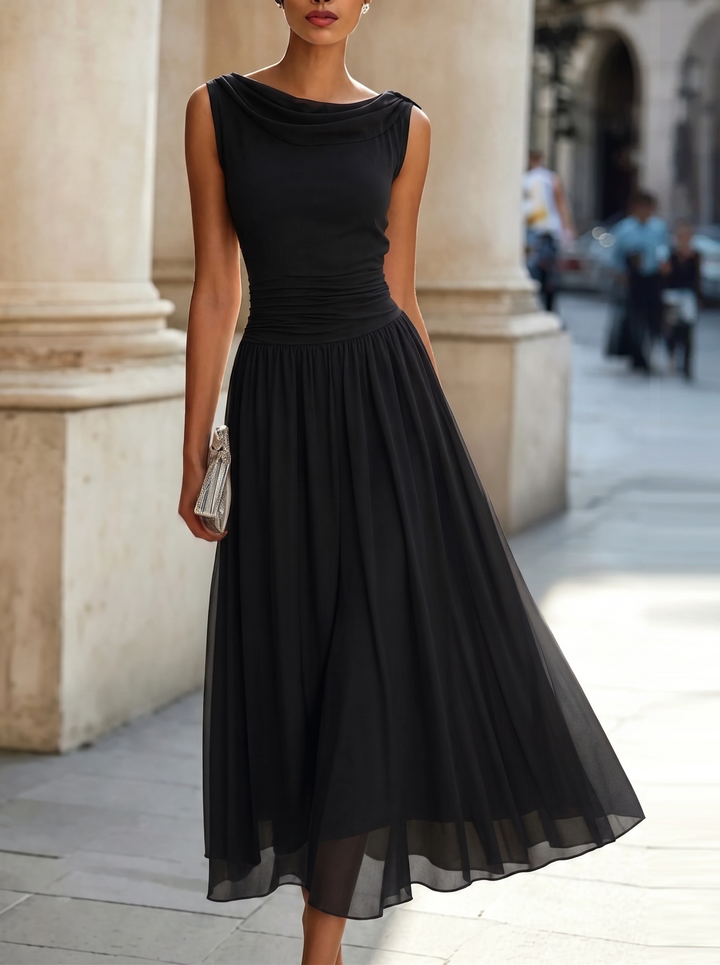 Women's Sleeveless Pleated Midi Dress with Draped Neck