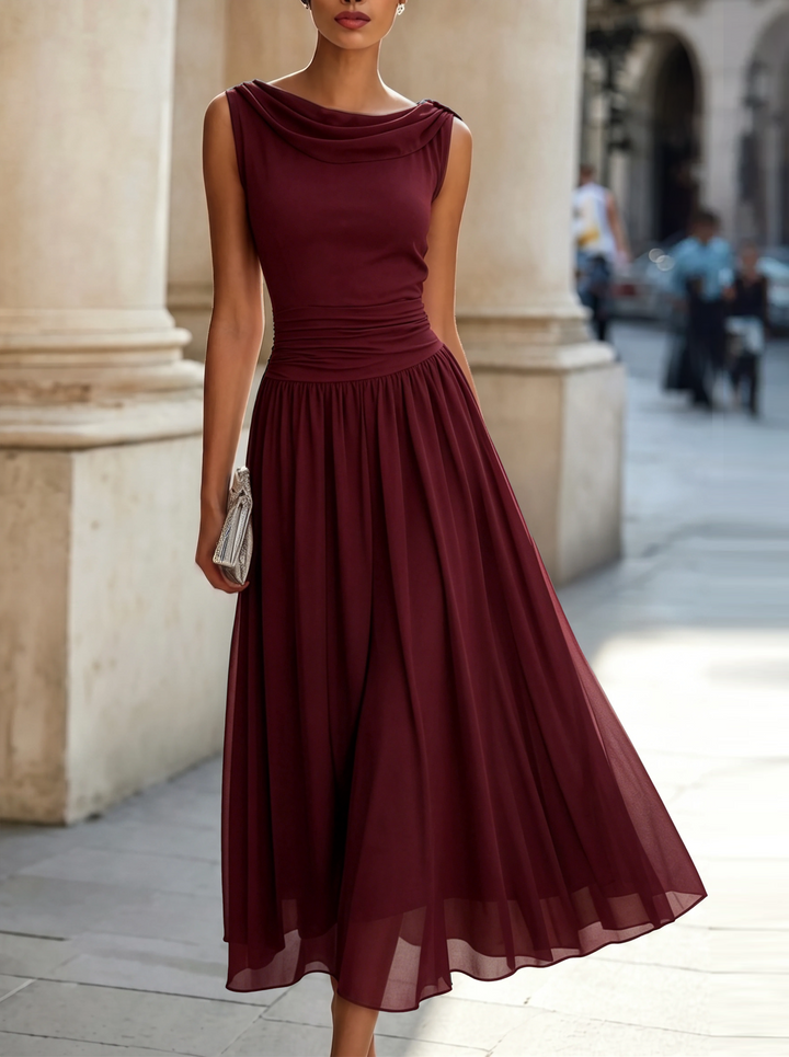 Women's Sleeveless Pleated Midi Dress with Draped Neck