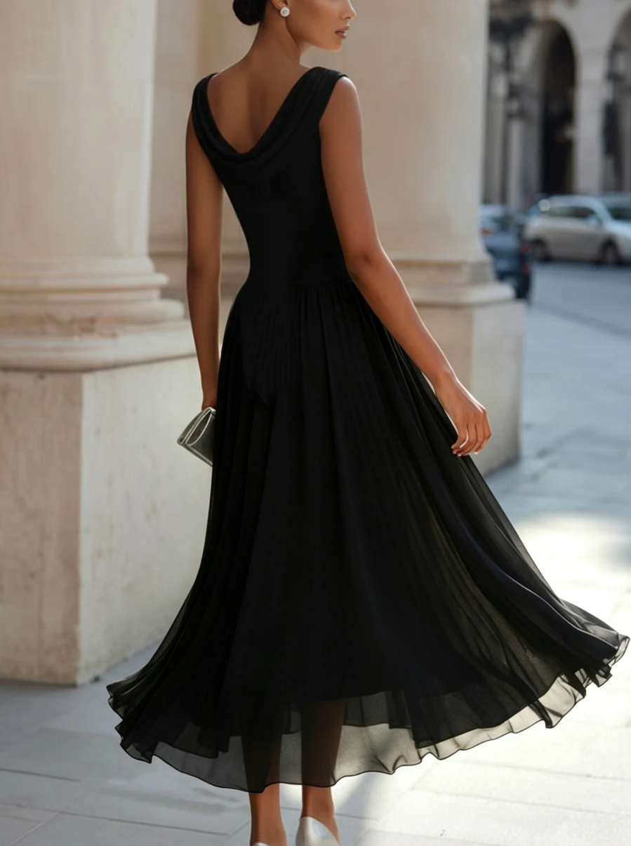 Women's Sleeveless Pleated Midi Dress with Draped Neck