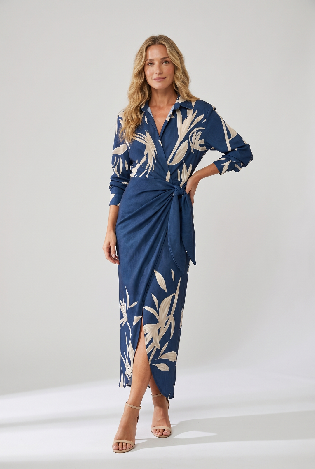 Women's Dress | Leaf Print Maxi Wrap V-Neck