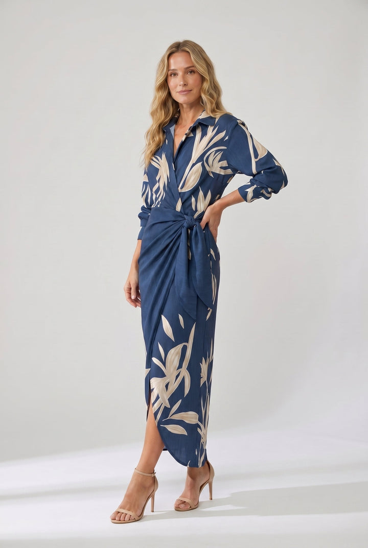 Women's Dress | Leaf Print Maxi Wrap V-Neck