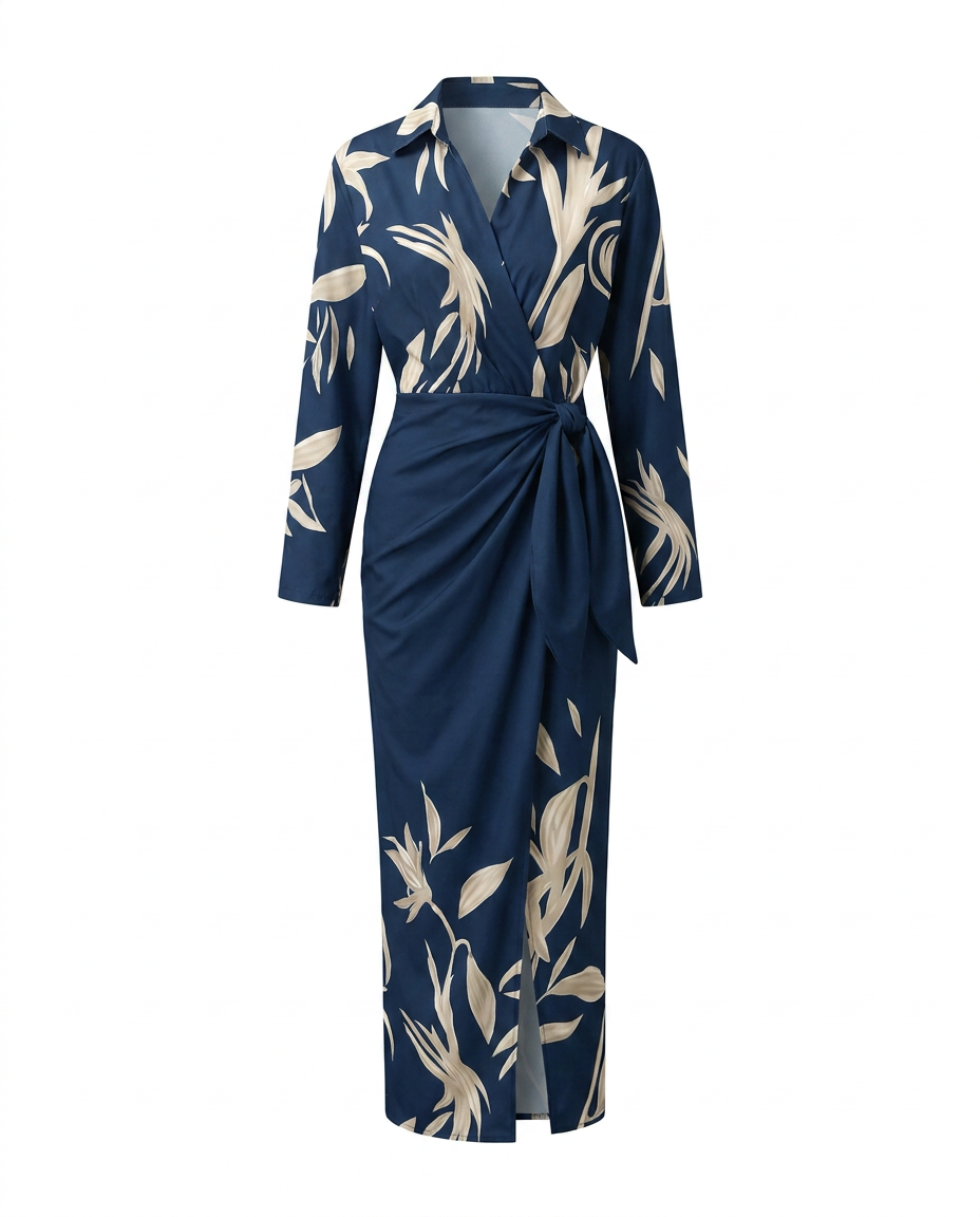 Women's Dress | Leaf Print Maxi Wrap V-Neck