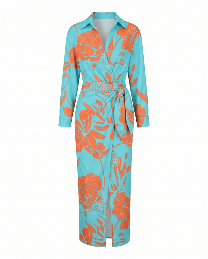 Women's Dress | Leaf Print Maxi Wrap V-Neck